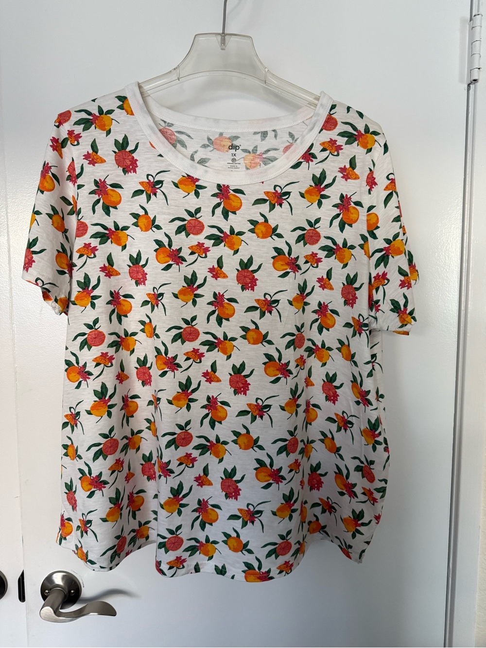 Dip White Short Sleeve Tee with Orange, Pink & Green Fruit Print